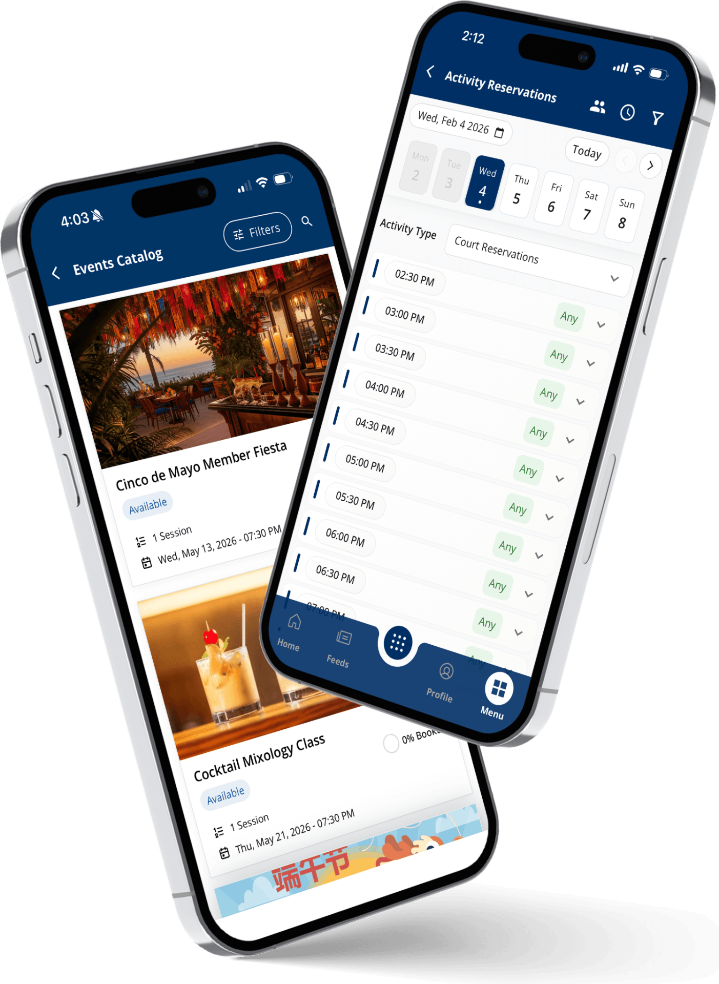 ClubNow 3.0 events catalog and activity reservations on two phones
