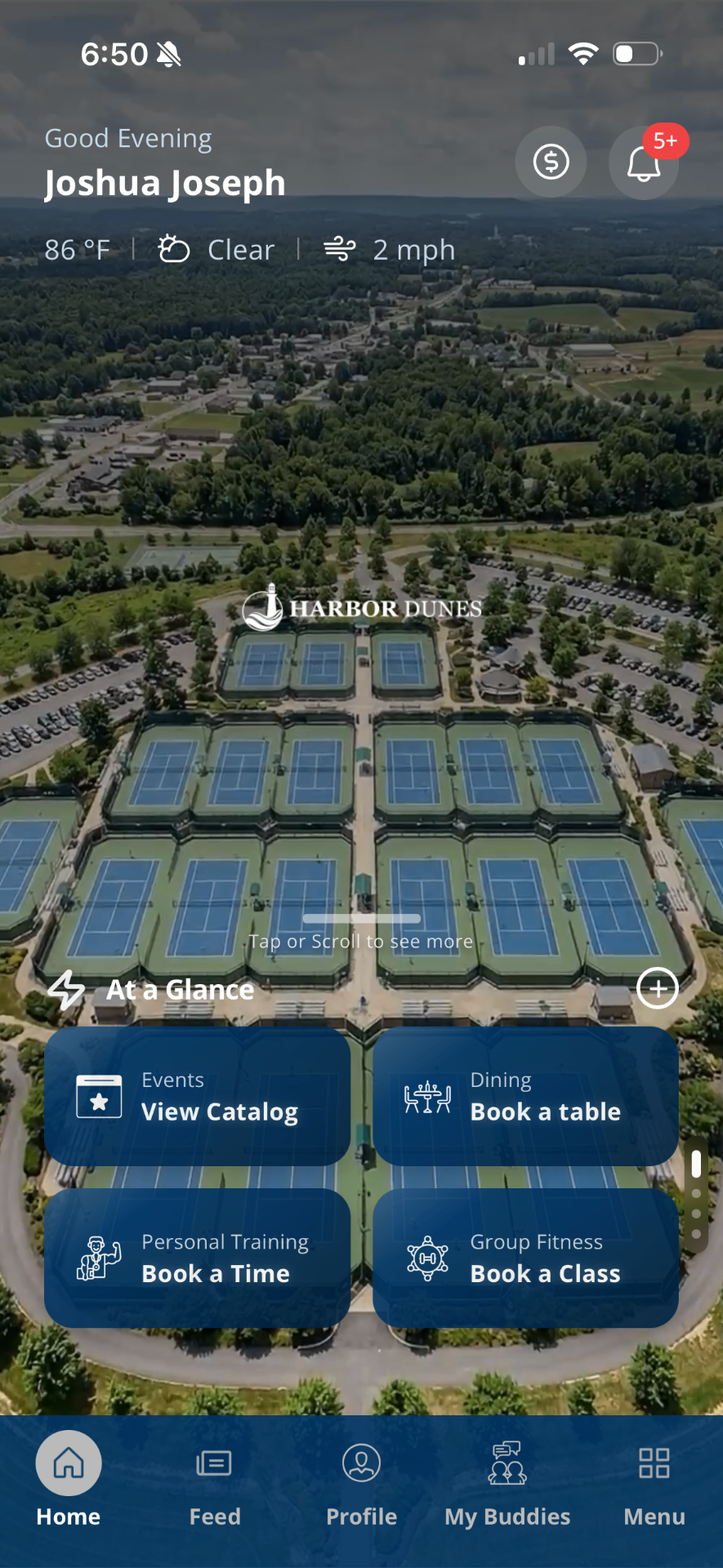 ClubNow home screen showing At a Glance shortcuts over Harbor Dunes tennis courts