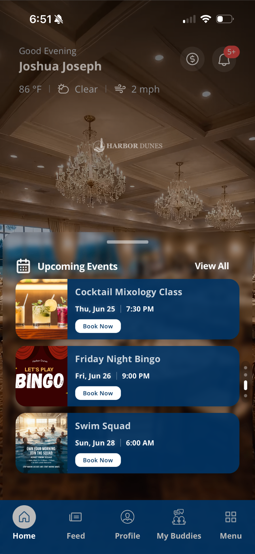 Home screen featuring Upcoming Events