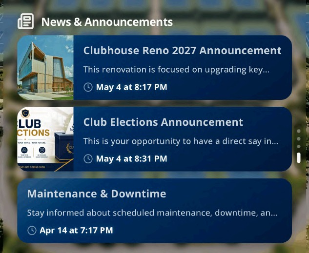 News & Announcements home screen section